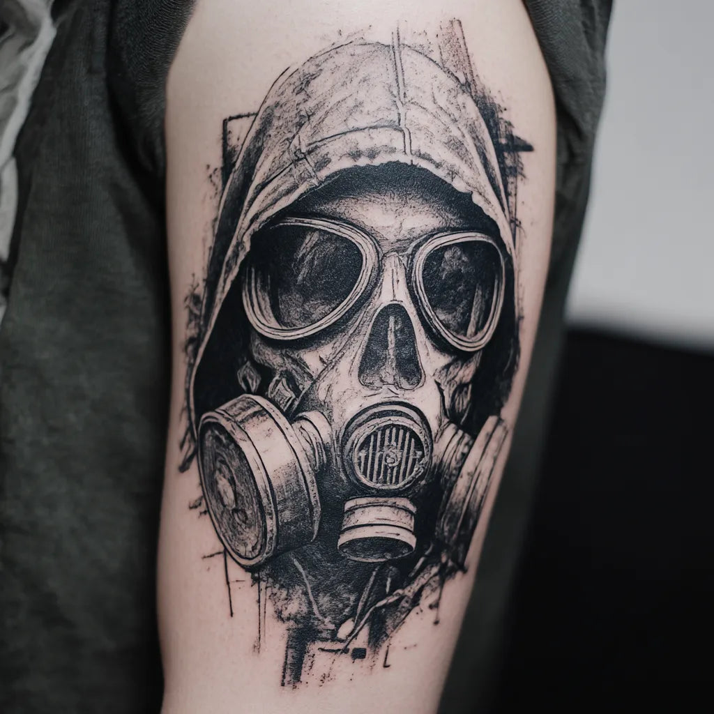 grim reaper gas mask tattoo on bicep