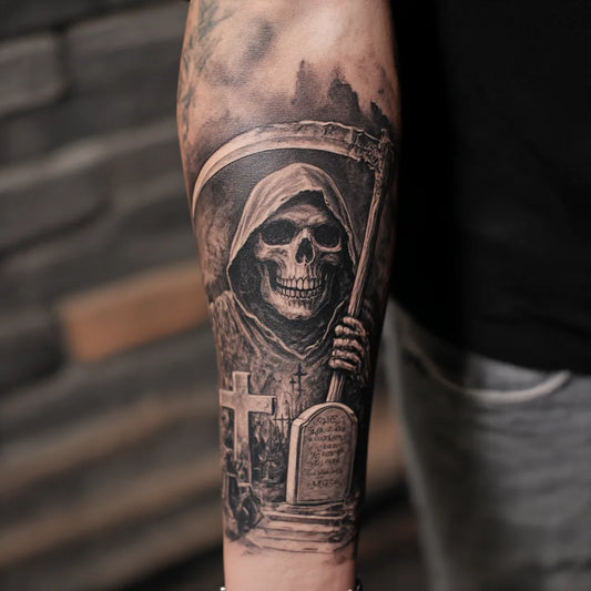grim reaper graveyard tattoo on forearm