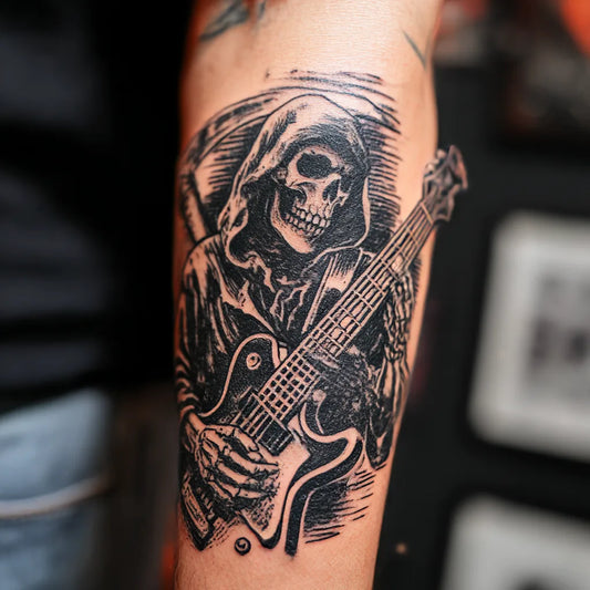 grim reaper guitar tattoo on forearm