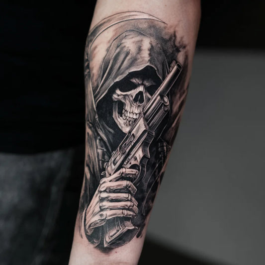 grim reaper gun tattoo on forearm