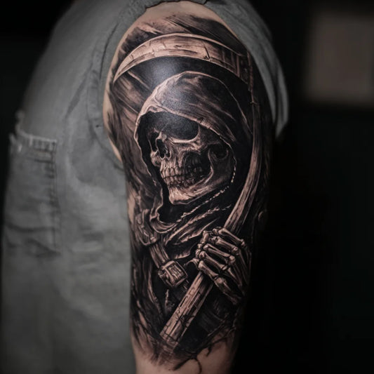 grim reaper half sleeve tattoo on bicep