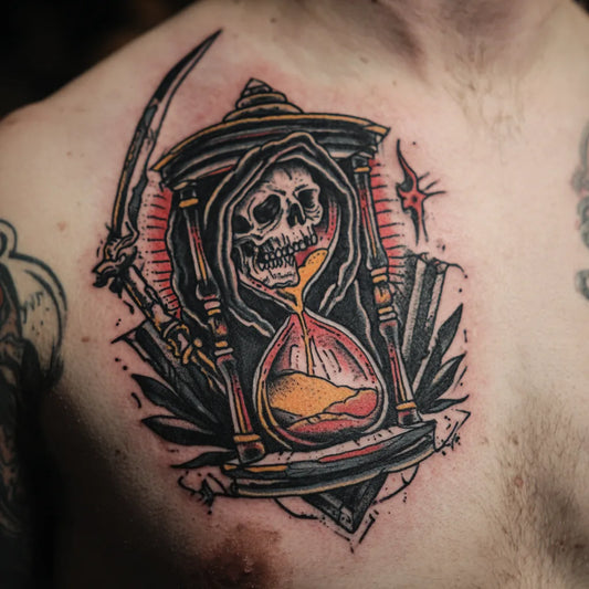grim reaper hourglass tattoo on chest