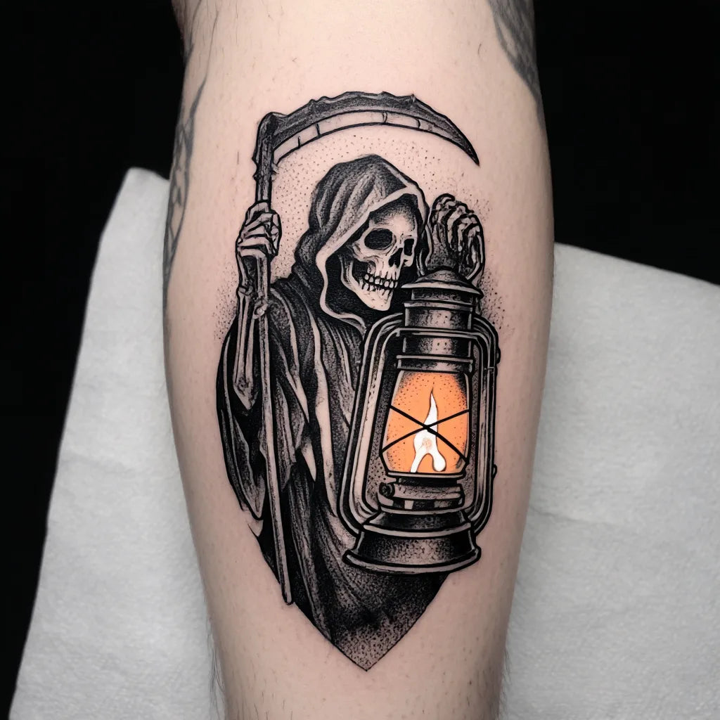 grim reaper lantern tattoo on calf