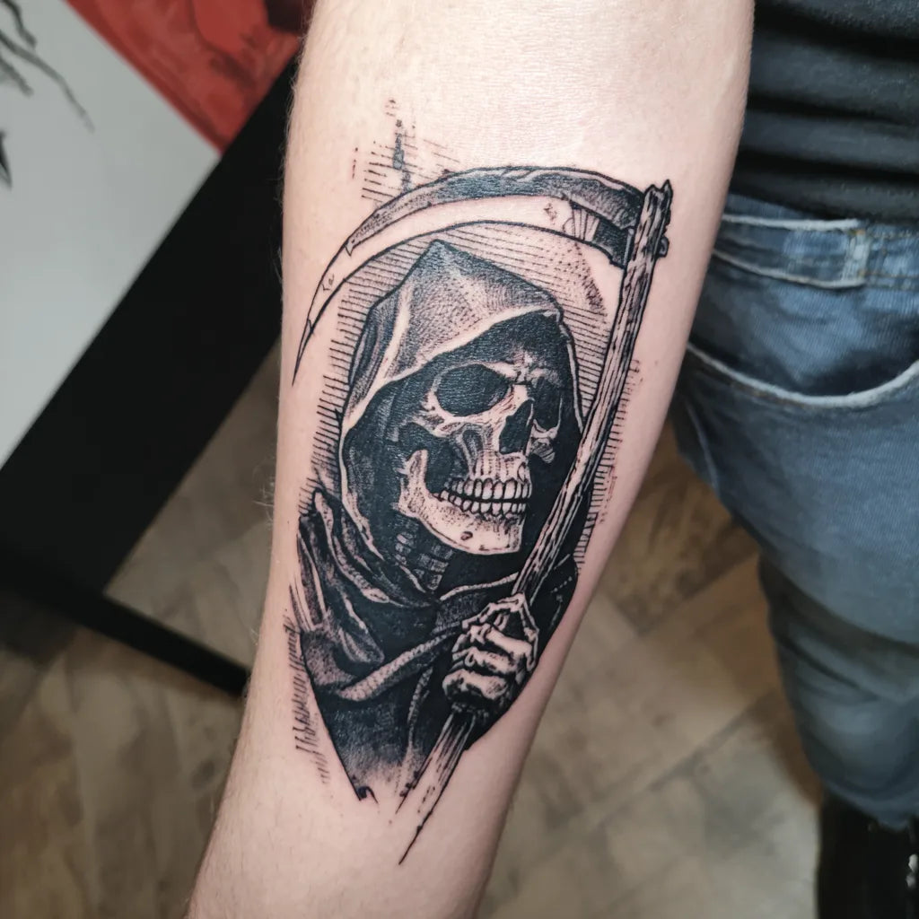 grim reaper memento mori tattoo on forearm