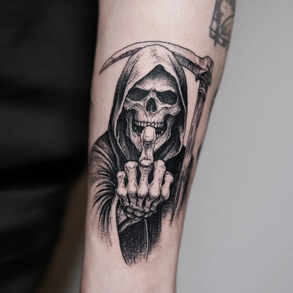 grim reaper middle finger tattoo on forearm