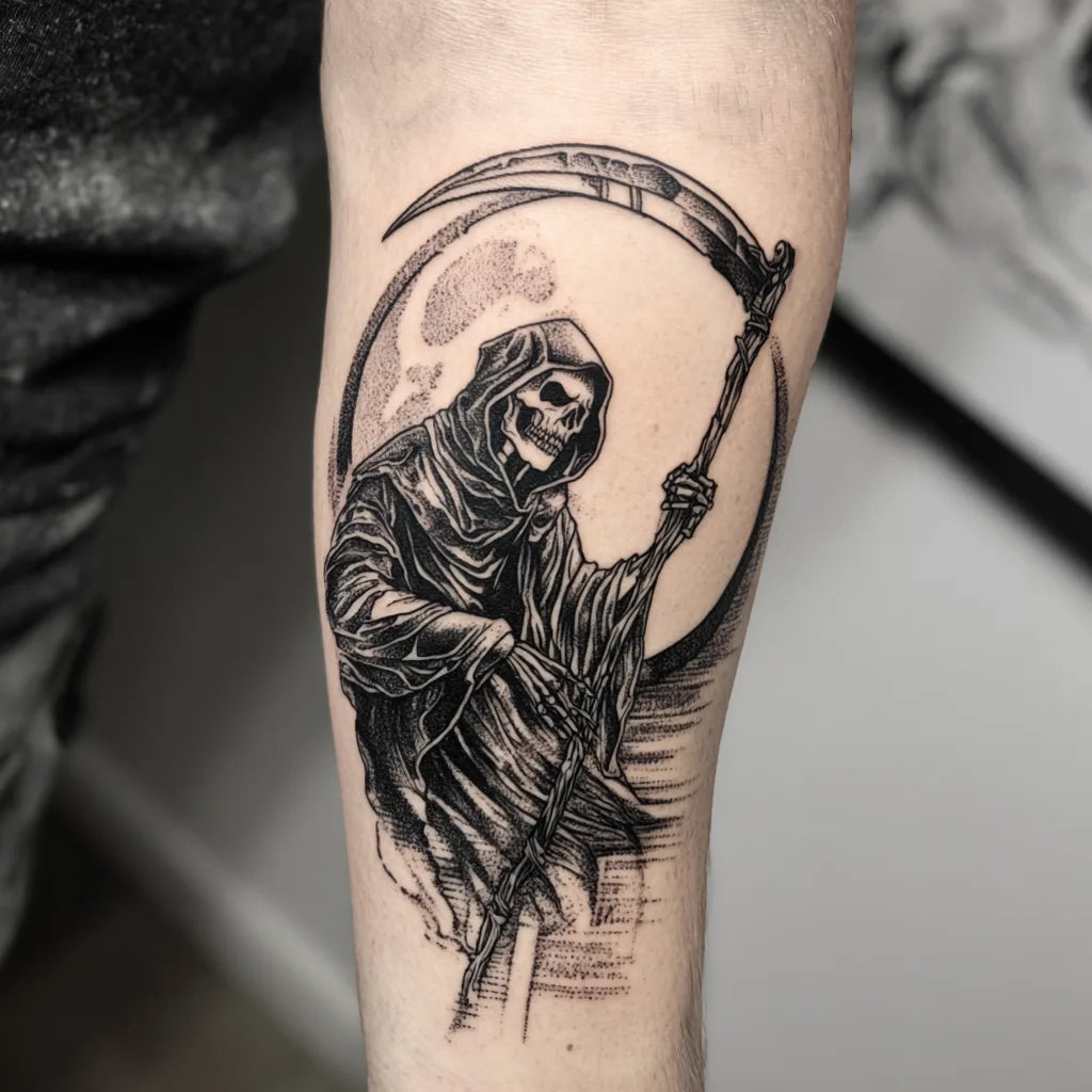 grim reaper moon tattoo on forearm