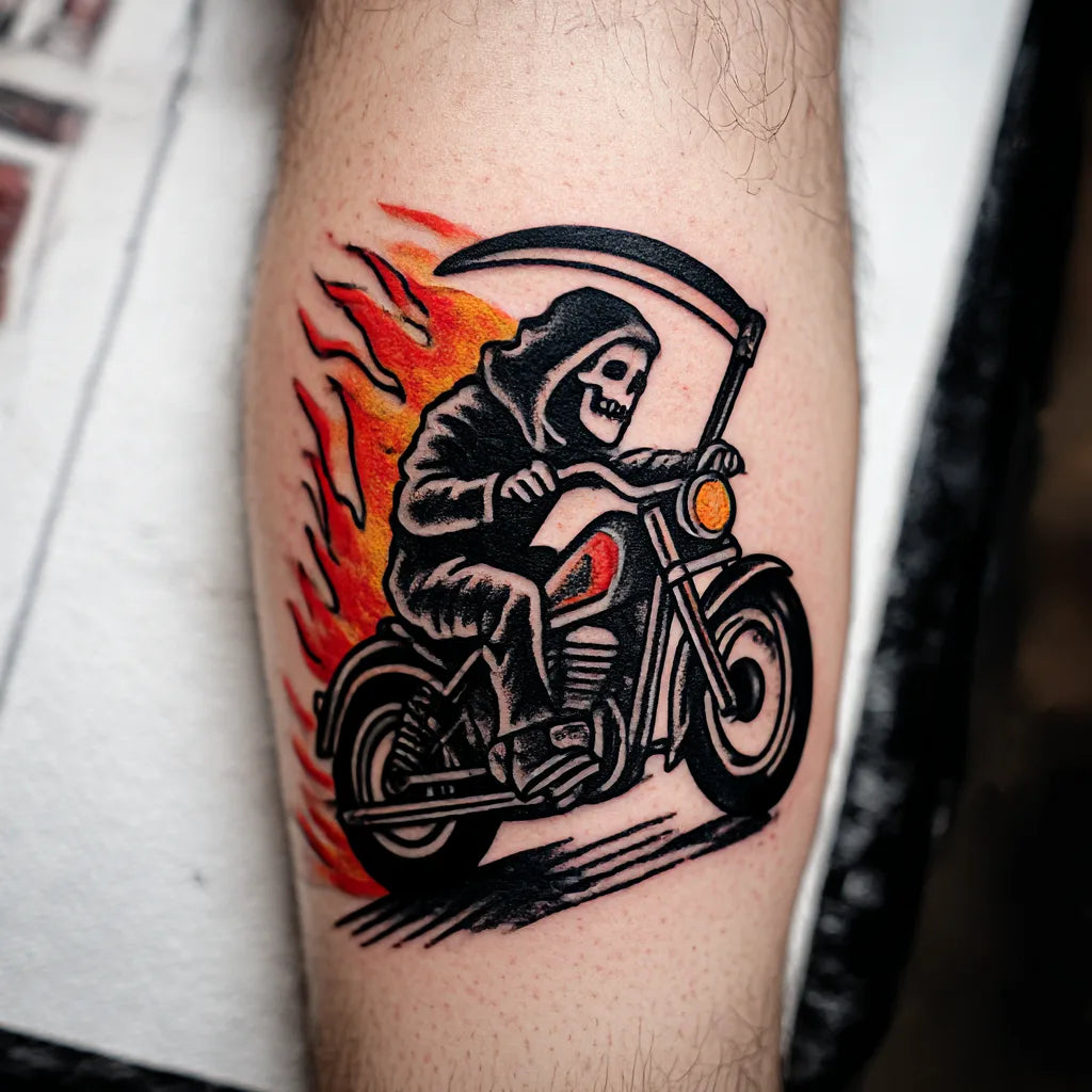 grim reaper motorcycle tattoo on forearm
