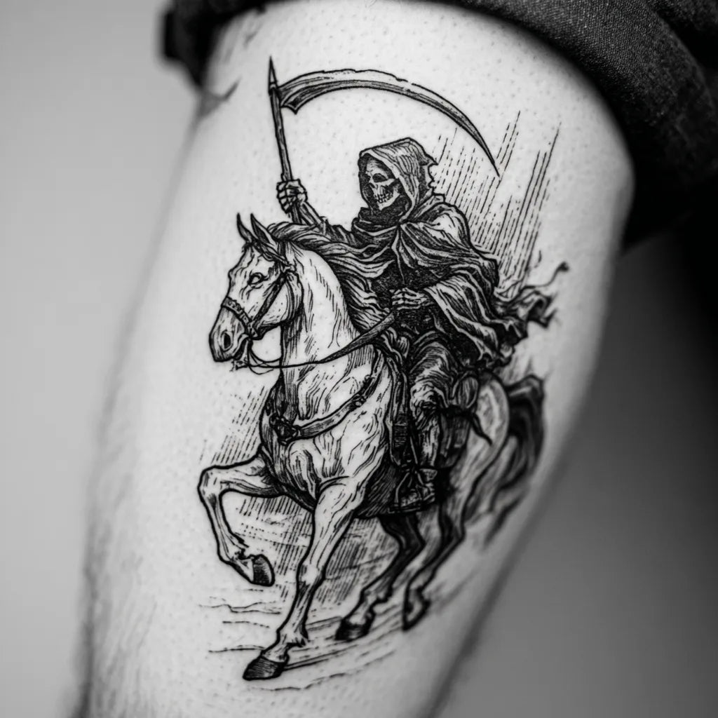grim reaper pale horse tattoo on bicep