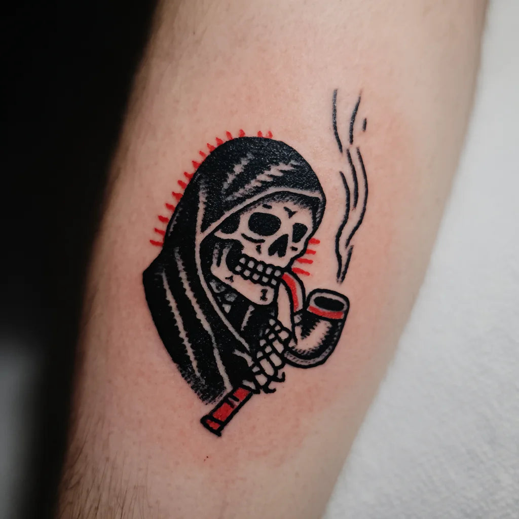 grim reaper pipe tattoo on forearm