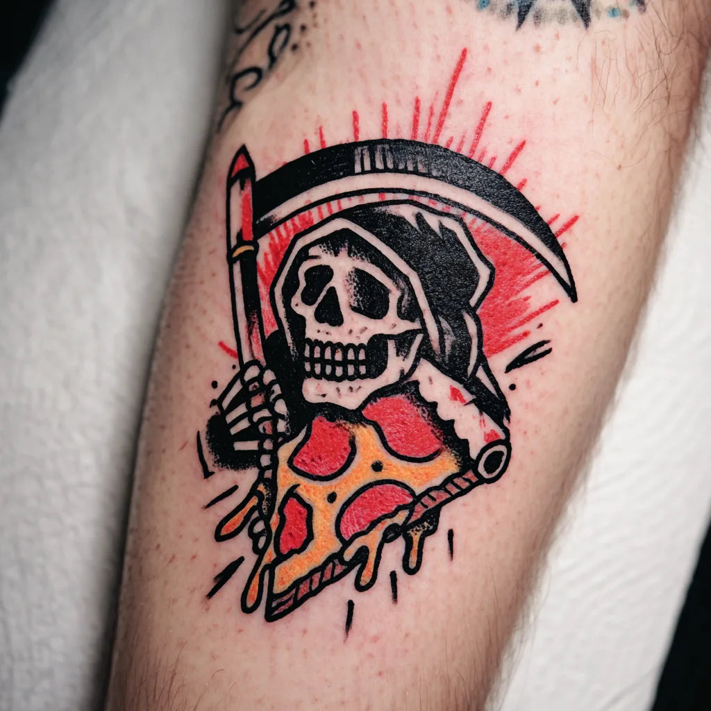 grim reaper pizza tattoo on forearm