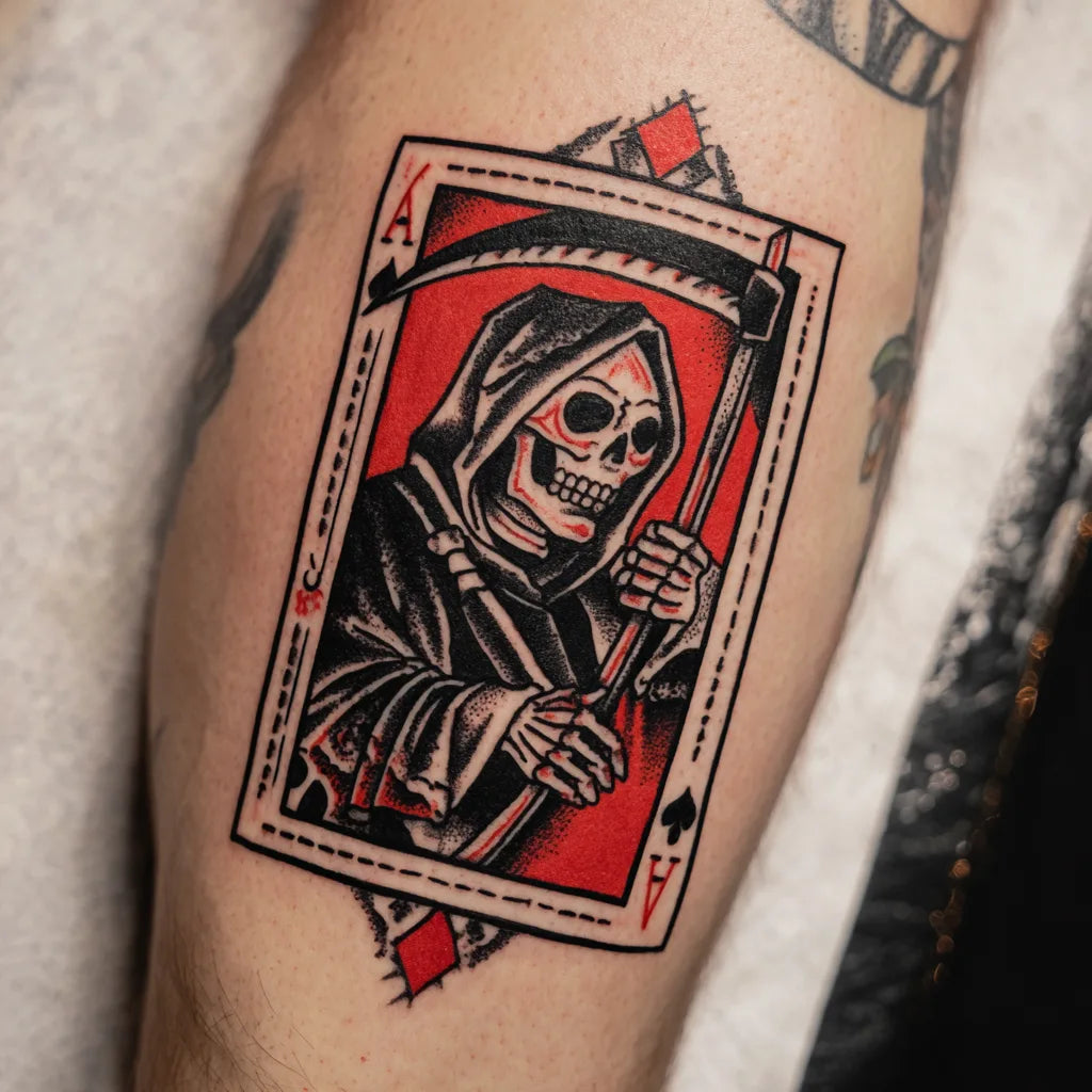 grim reaper playing card tattoo on calf