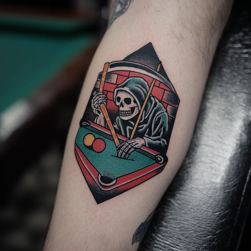 grim reaper playing pool tattoo on forearm