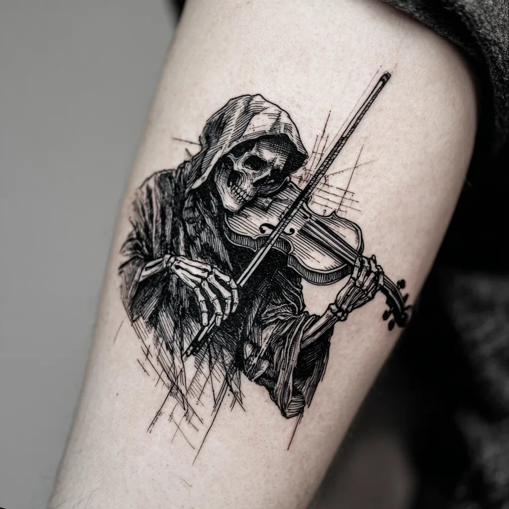 grim reaper playing violin tattoo on bicep