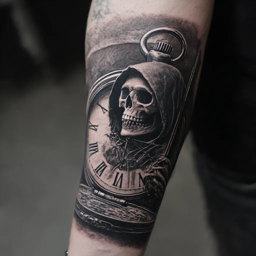 grim reaper pocket watch tattoo on forearm
