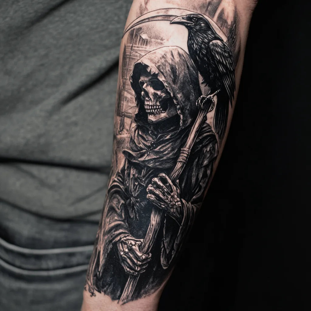 grim reaper raven tattoo on forearm