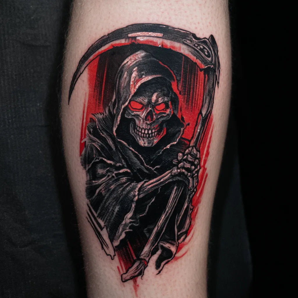 grim reaper red eyes tattoo on forearm