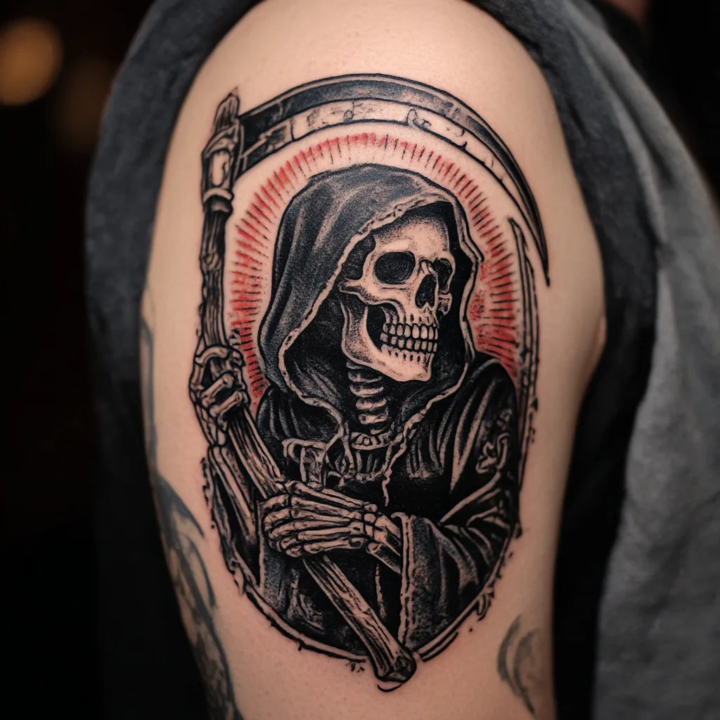 grim reaper santa muerte tattoo on bicep