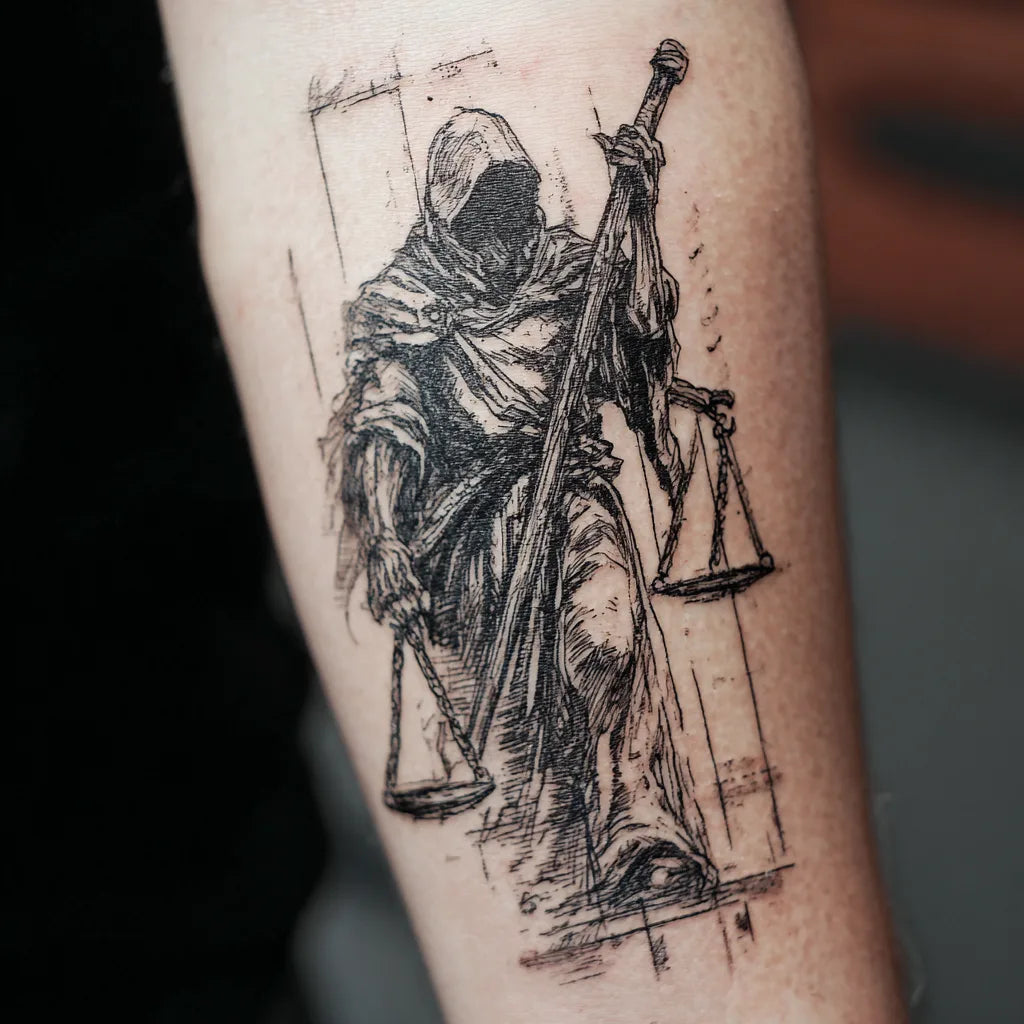grim reaper scales of justice tattoo on forearm