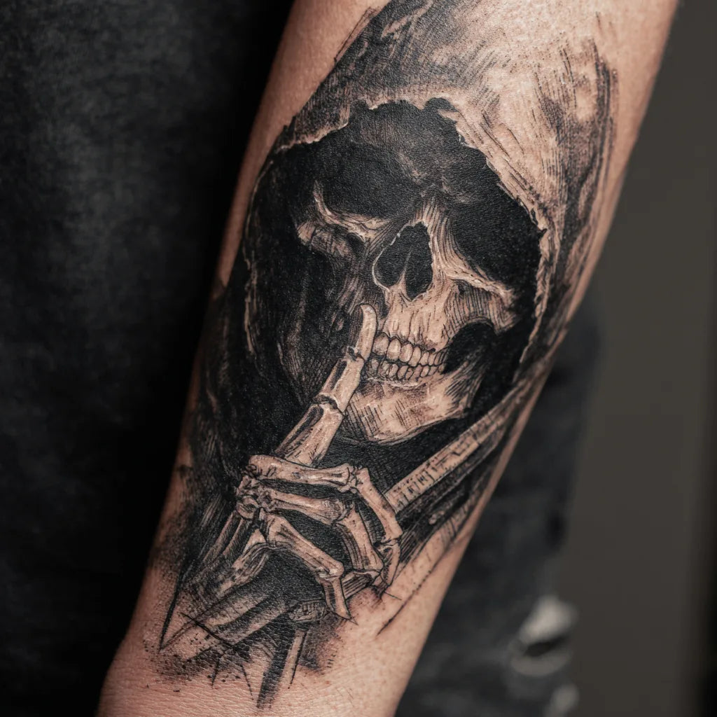grim reaper shhh tattoo on forearm
