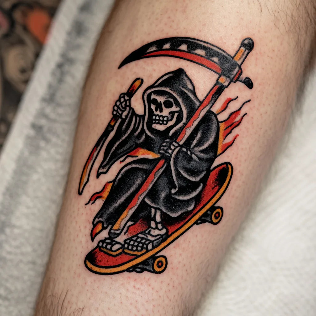grim reaper skateboard tattoo on leg