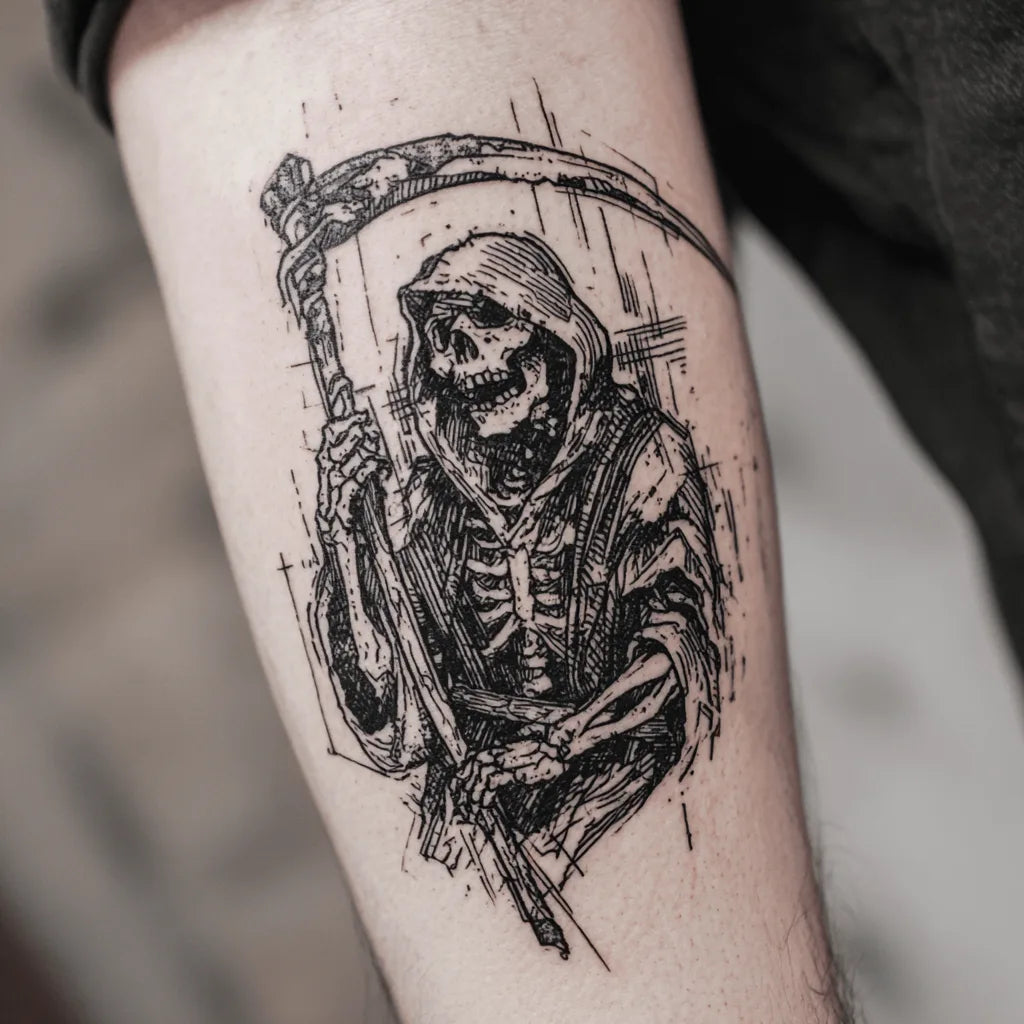 grim reaper skeleton tattoo on forearm