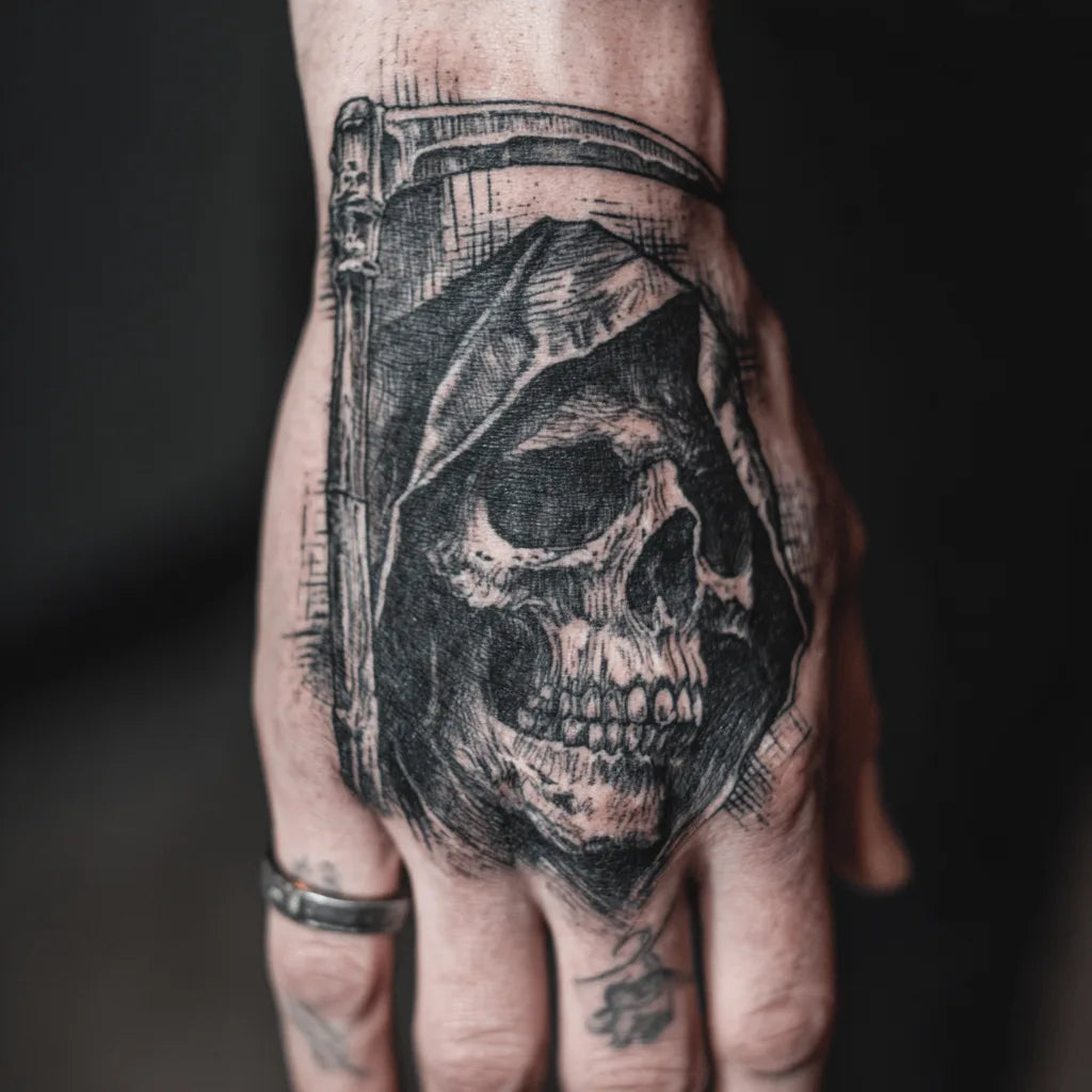 grim reaper skull hand tattoo on hand