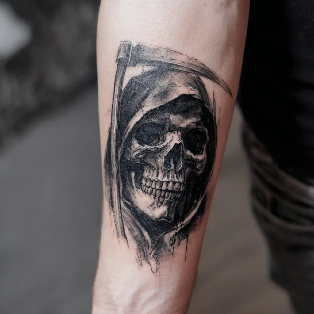 grim reaper skull tattoo on forearm