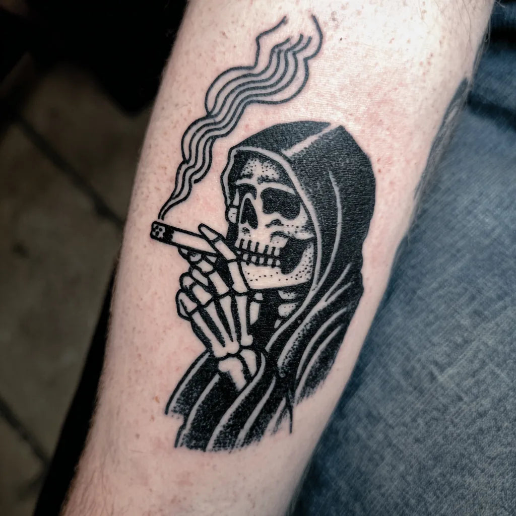 grim reaper smoking tattoo on forearm