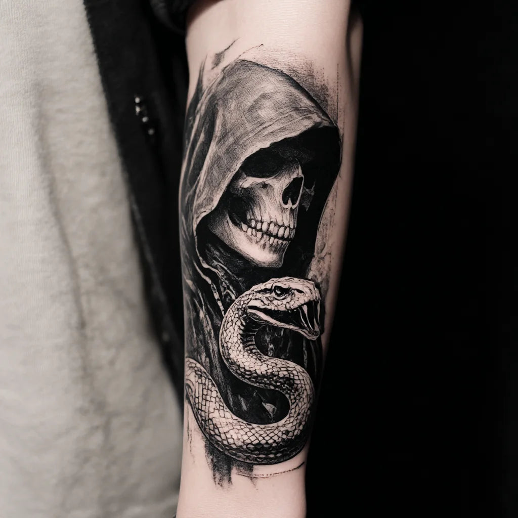 grim reaper snake tattoo on forearm