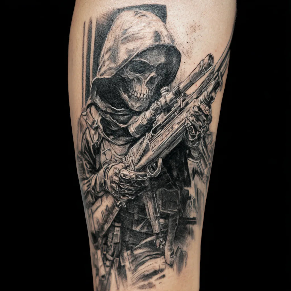 grim reaper sniper tattoo on leg