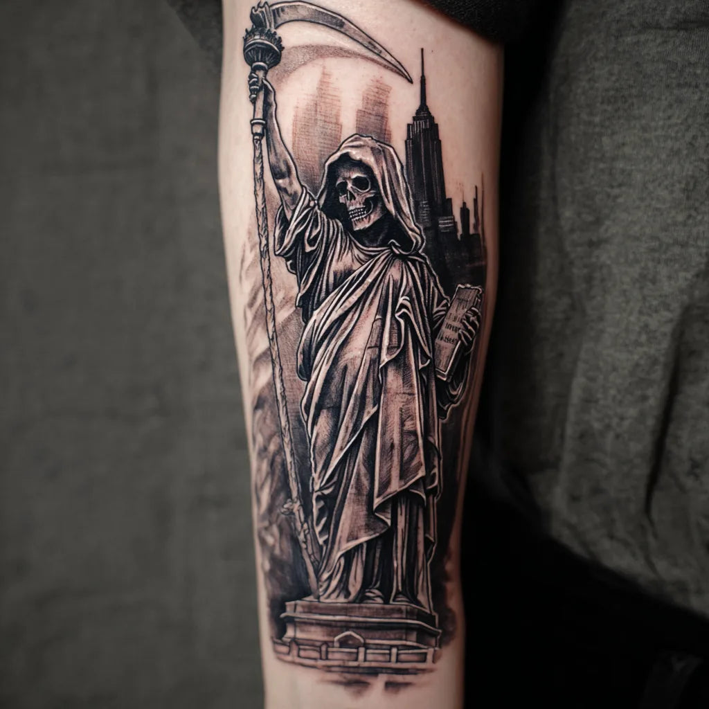 grim reaper statue of liberty tattoo on forearm