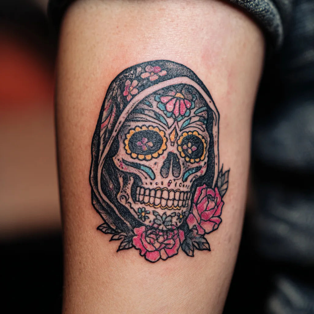 grim reaper sugar skull tattoo on bicep