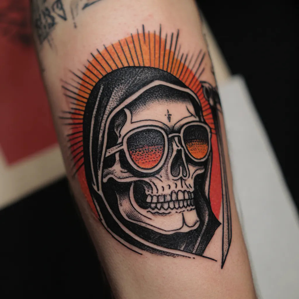 grim reaper sunglasses tattoo on forearm