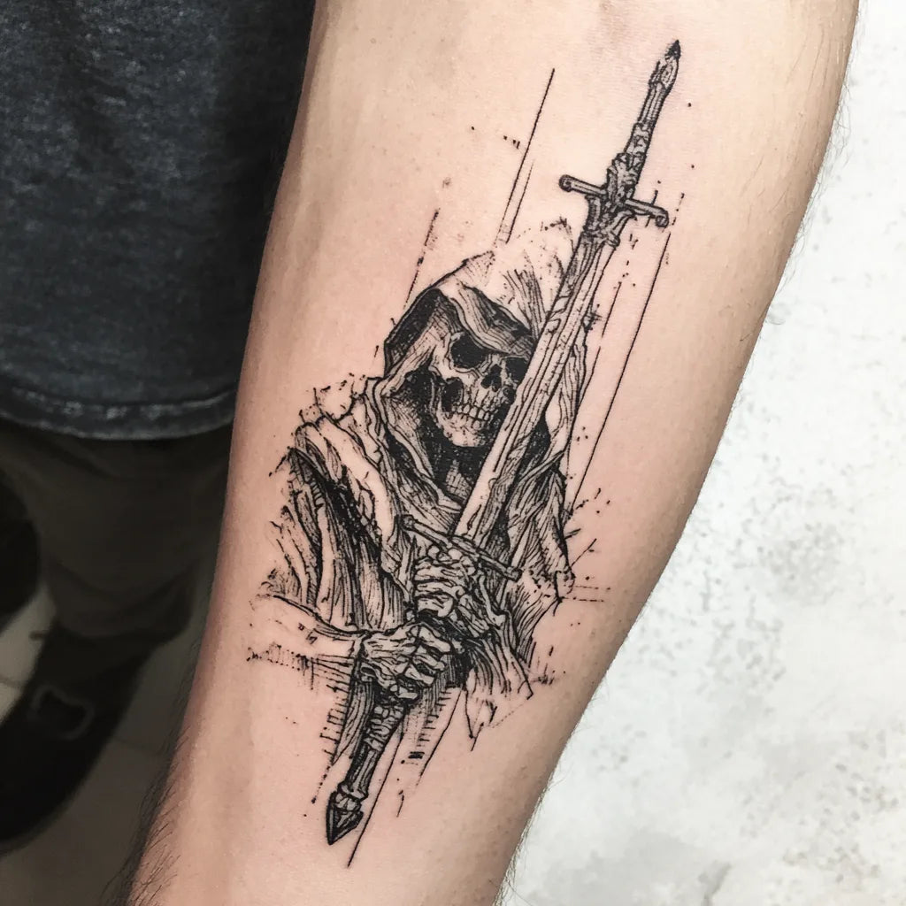 grim reaper sword tattoo on forearm