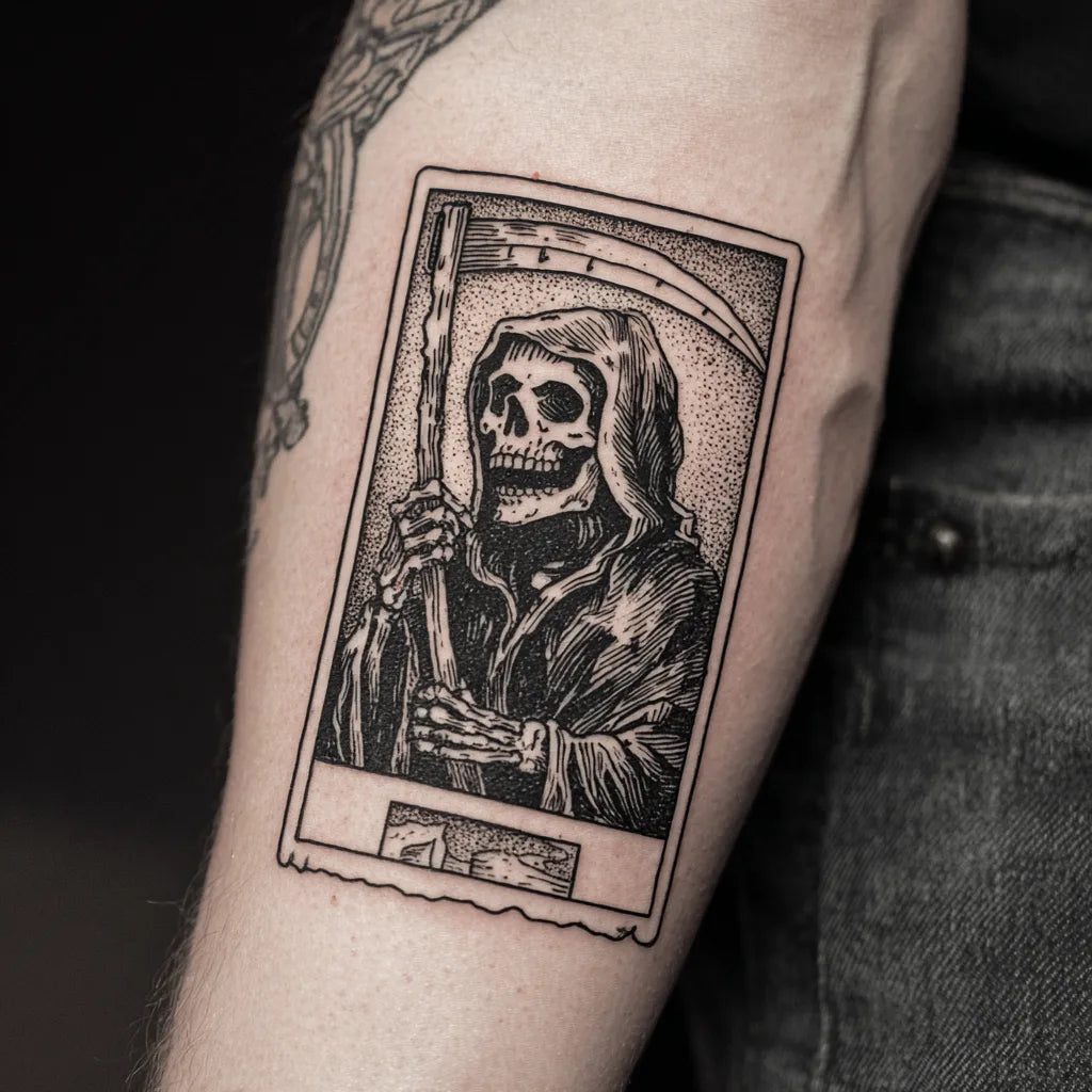 grim reaper tarot card tattoo on forearm