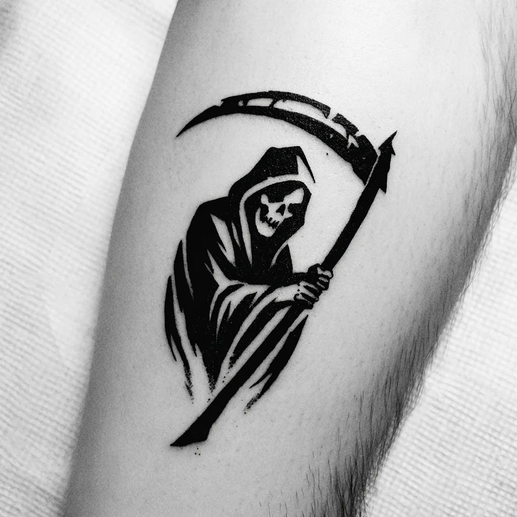 grim reaper tribal tattoo on forearm