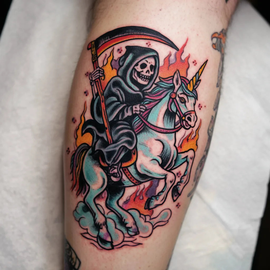 grim reaper unicorn tattoo on calf