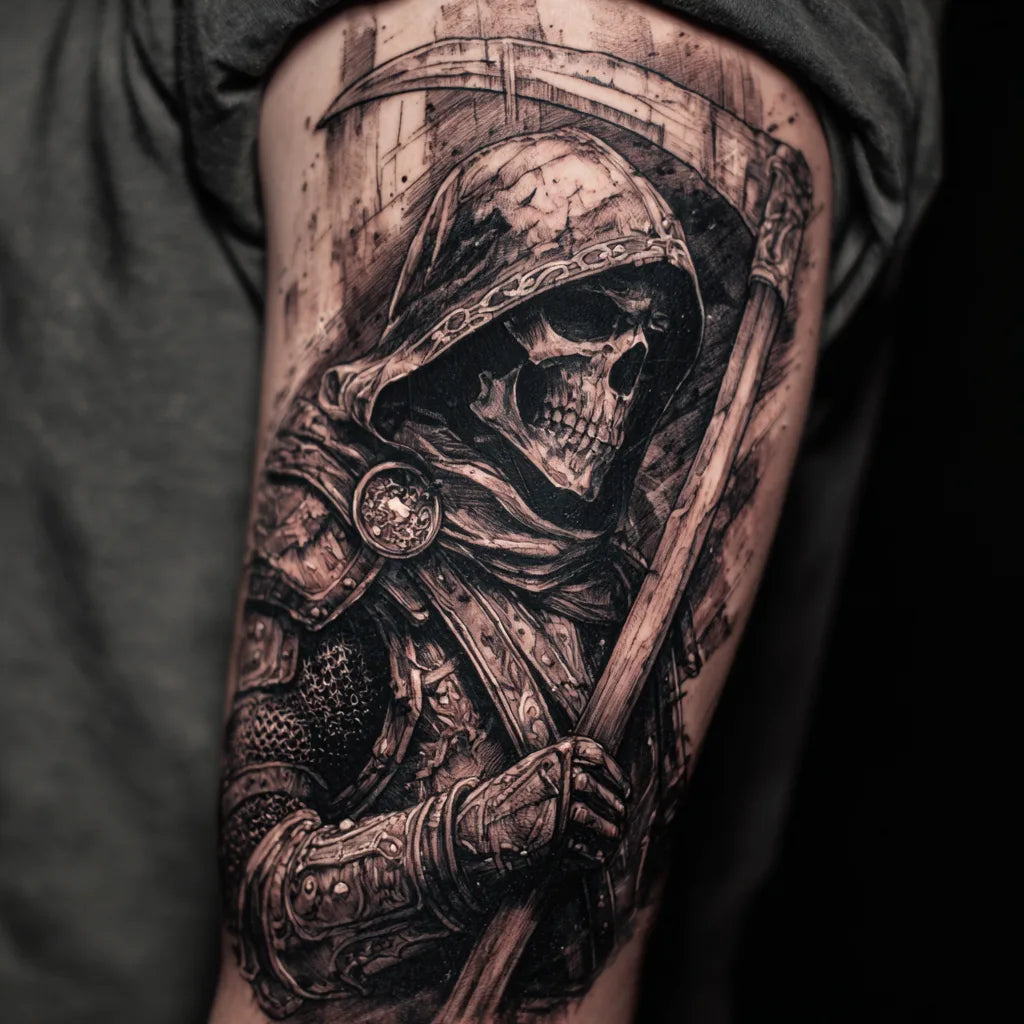 grim reaper viking warrior tattoo on bicep