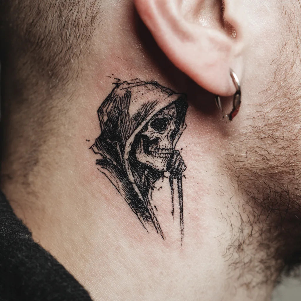 grim reaper whispering tattoo on behind the ear