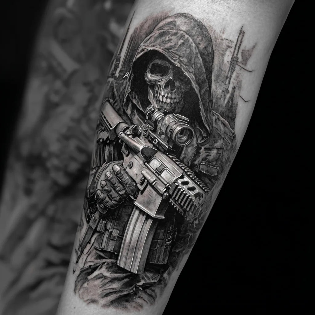 grim reaper with ak47 tattoo on forearm