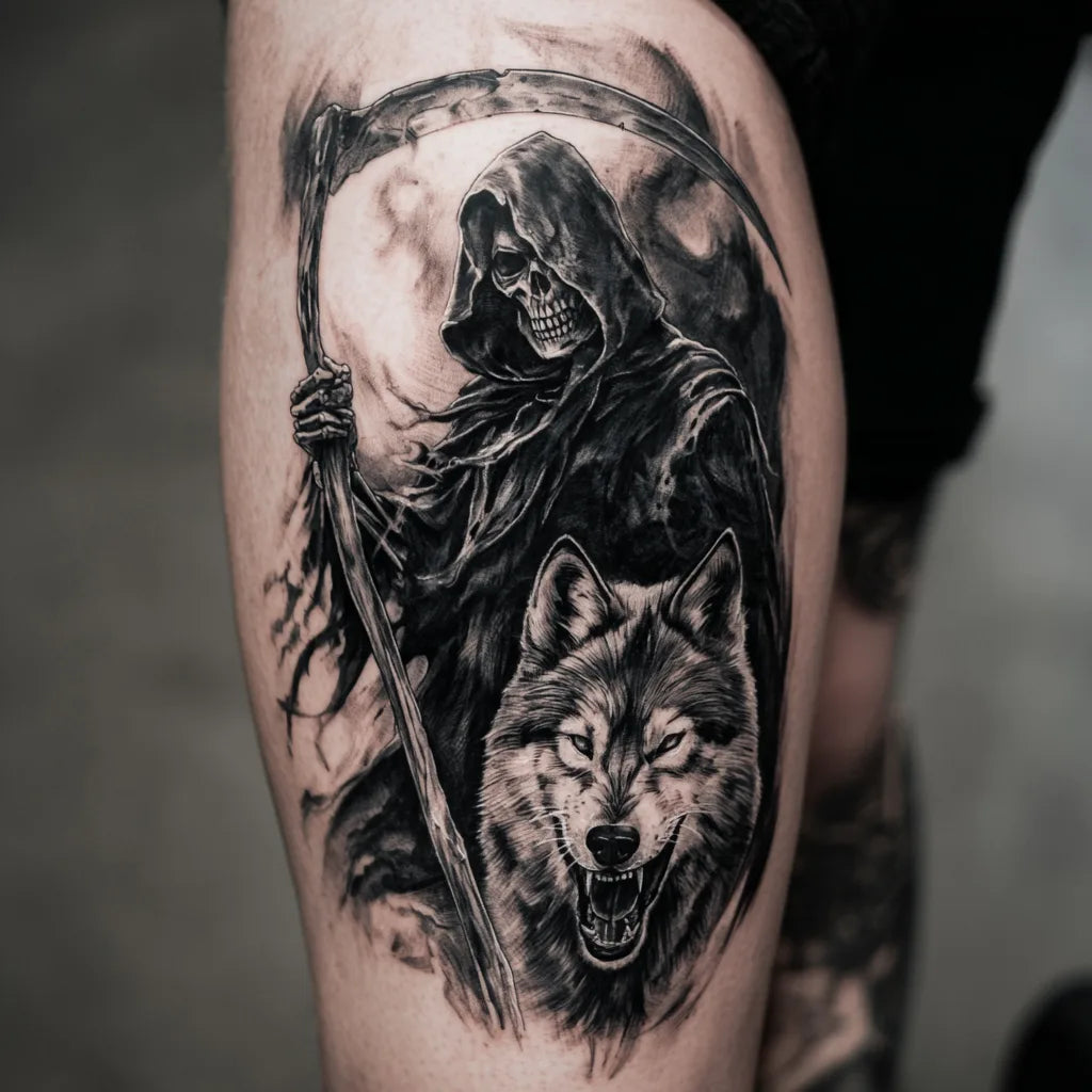 grim reaper wolf tattoo on calf
