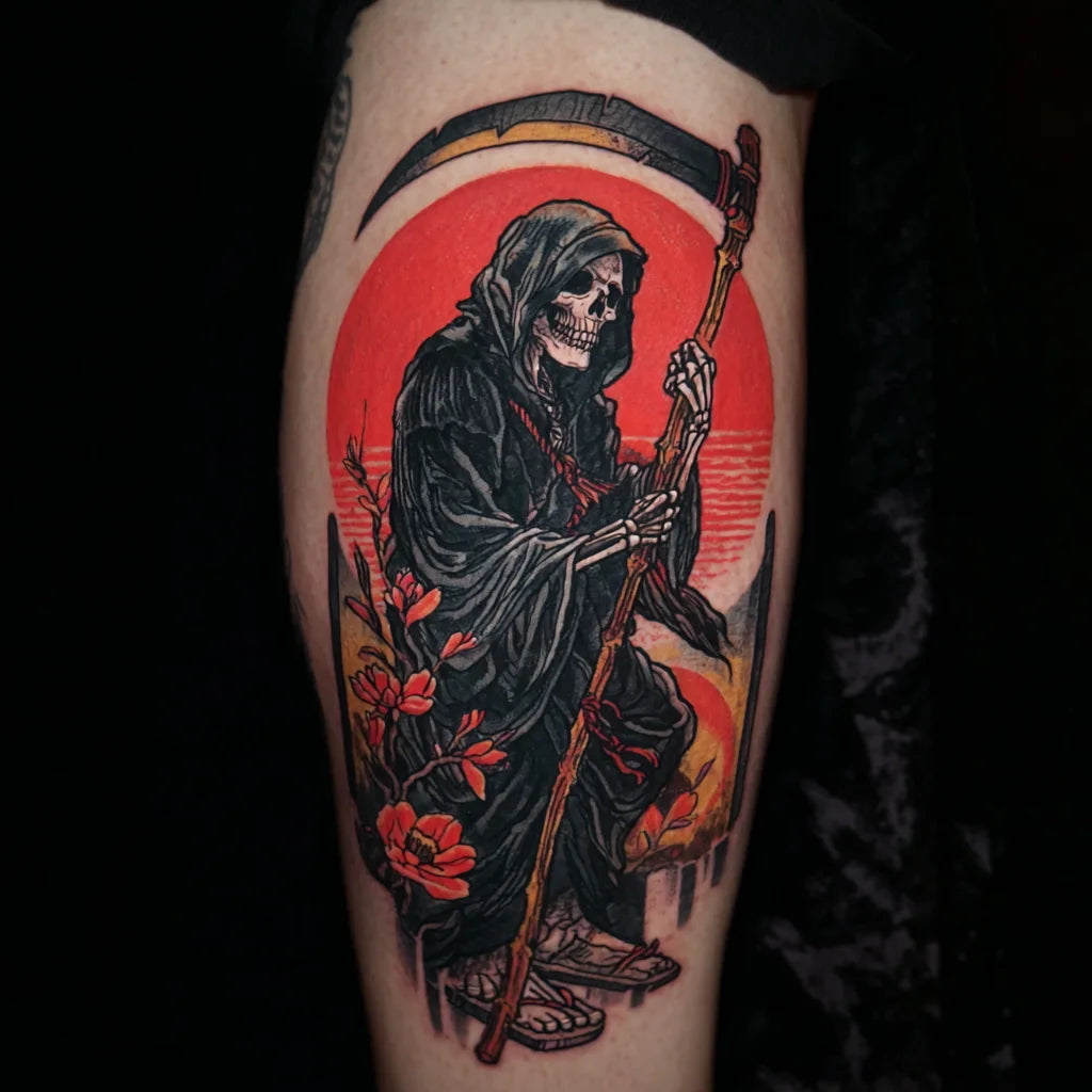 japanese grim reaper tattoo on calf