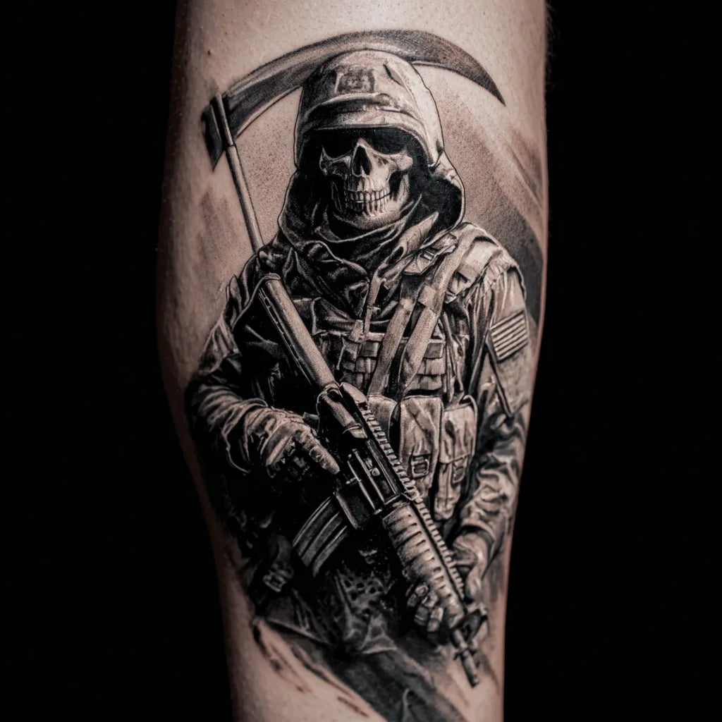 military grim reaper soldier tattoo on leg