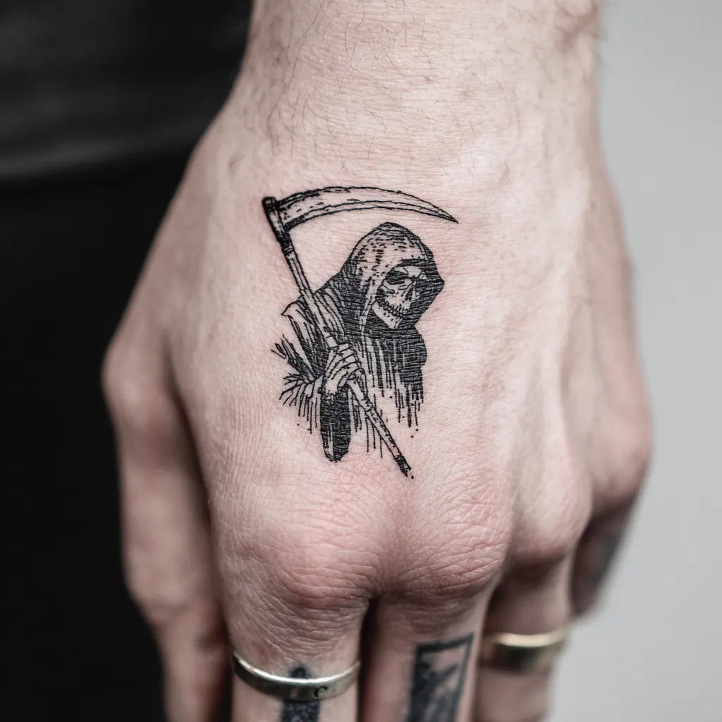 minimalist grim reaper tattoo on hand