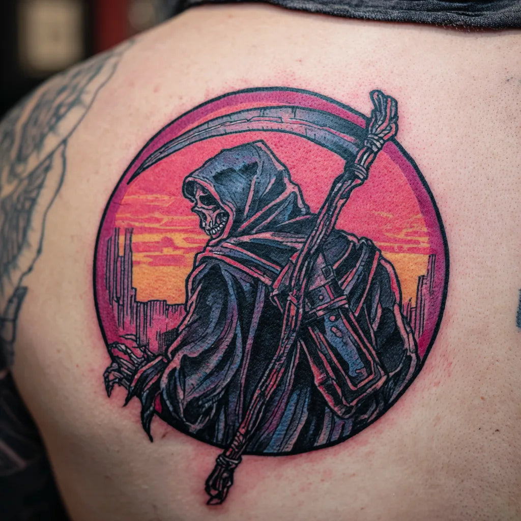 neo traditional grim reaper tattoo on back