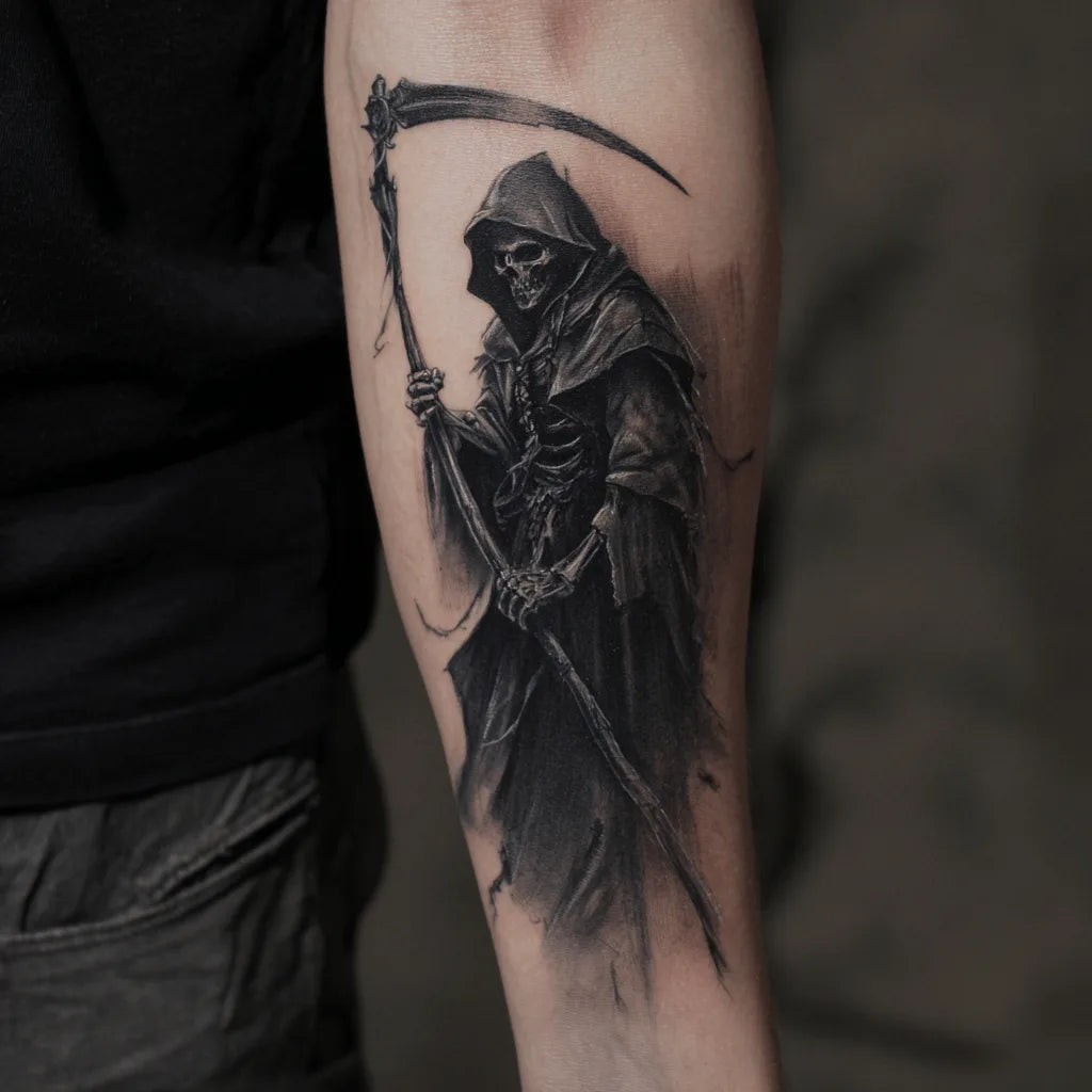 realistic grim reaper tattoo on forearm