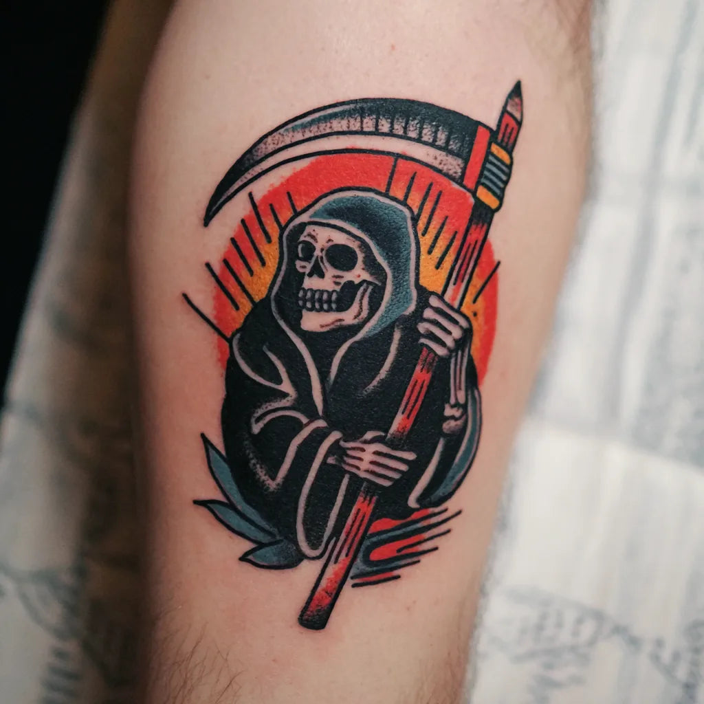 sailor jerry grim reaper tattoo on leg