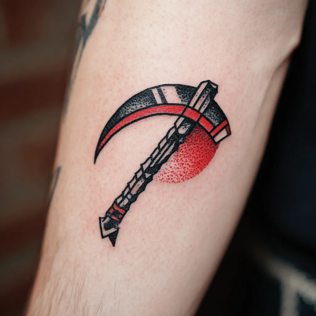 traditional grim reaper scythe tattoo on forearm