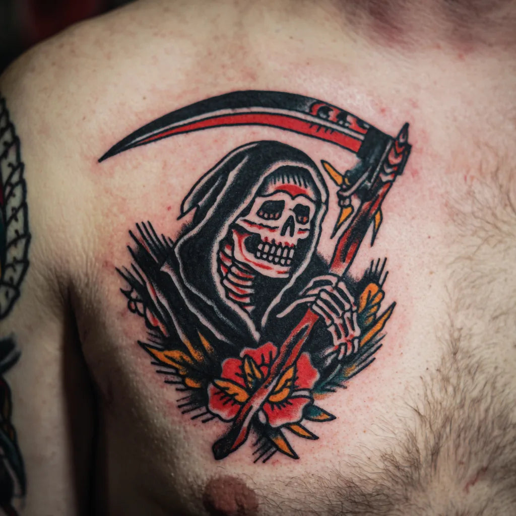traditional grim reaper tattoo on chest