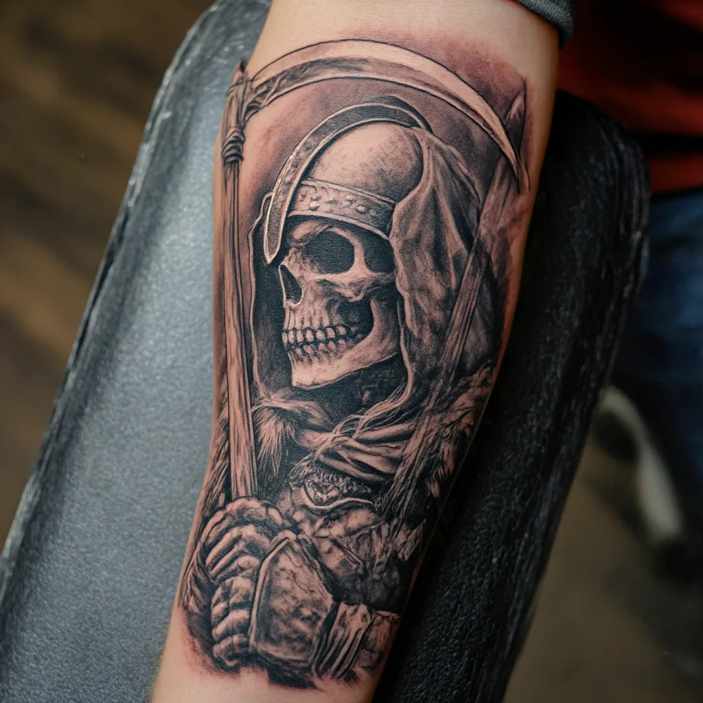 viking grim reaper tattoo on leg